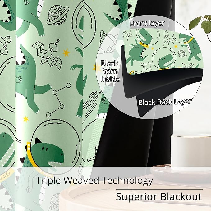 Kids Space Dino Blackout Curtains - 100% Blackout, Thermal Insulated, Noise Reducing, Perfect for Kids Room and Nursery, 2 Panels (Cosmo Dino Green, W52×L84)