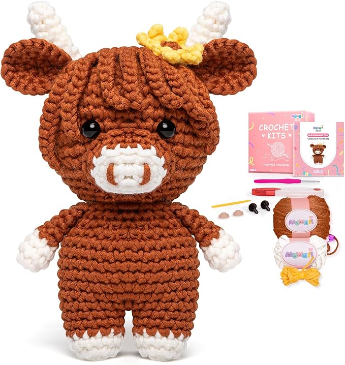 Mewaii Crochet Kit for Beginners Level 3 with 40% Extra Eco-Friendly Pre-Started Easy Yarn, Step-by-Step Video Tutorials for Adults and Kids (Hug Highland Cow)