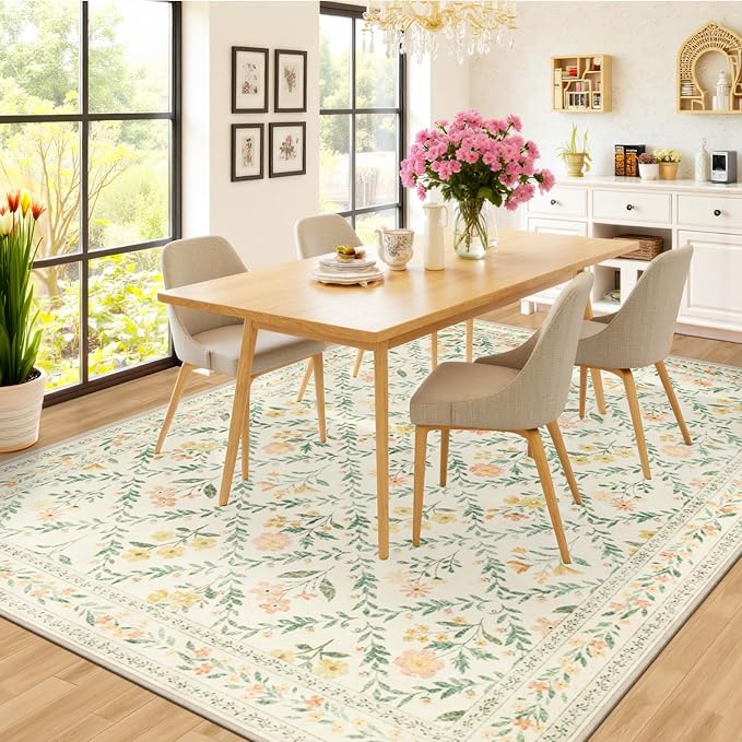 10x14 Area Rugs for Living Room: Floral Washable Rug Vintage Large Soft Boho Non-Slip Carpet Stain Resistant Low Pile Carpets for Bedroom Dining Room Farmhouse Nursery Hallway Home Office Beige/Multi