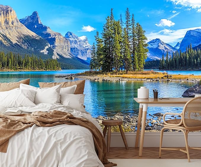 Nature Landscapes Mural Wallpaper Lake Mountain Tree Wall Mural for Bedroom Living Room Basement(Not Self-Adhesive)