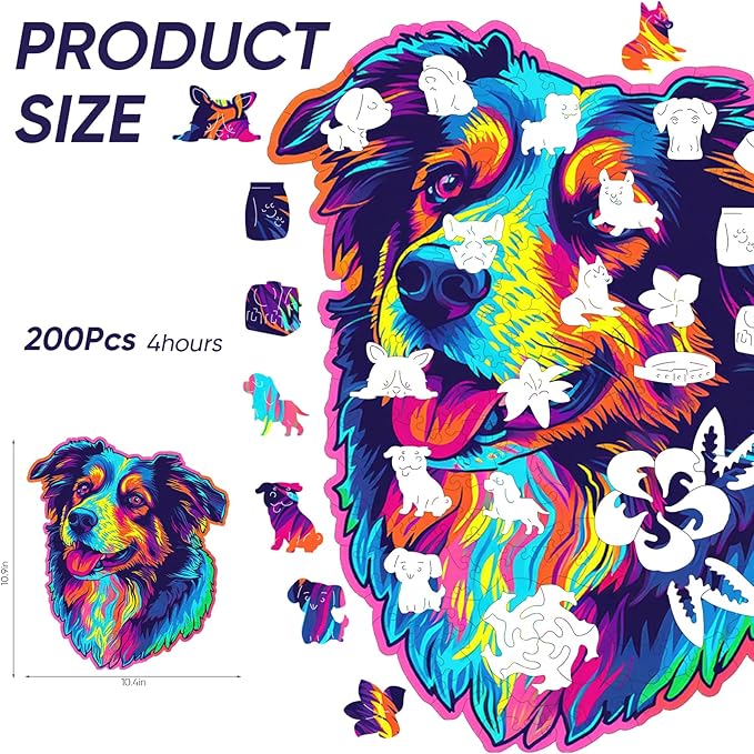 Australian Shepherd Dogs Wooden Puzzle Stained Colorful (9.7 * 11.2in-200pcs) Art Painting Wooden Puzzle for Kids Adults, Birthday Mother's Father's Day Christmas for Dad Mom Son Daughter