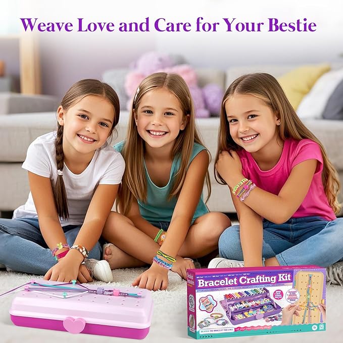Friendship Bracelet Making Kit with Storage Box,DIY String Bracelet Arts and Craft for Girls Aged 8-12,Kids' Travel Activity Toy Set,Easter Birthday Gifts for Ages 6 7 8 9 10 11 12 Year Old Rose