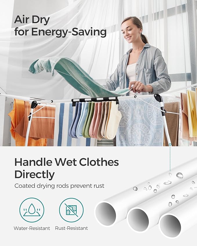 SONGMICS Clothes Drying Rack Foldable, Gullwing Laundry Drying Rack, Space-Saving, 22.2 x 68.1 x 38 Inches, Sock Clips, Metal Structure, for Clothes, Towels, Linens, Indoor, Outdoor White ULLR518W01