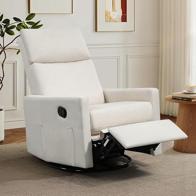 Swivel Rocker Recliner Chair, Upholstered Fabric Nursery Rocking Glider Chair with Adjustable Backrest and Footrest, Lay Flat Recliner Single Lazy Sofa for Living Room(Beige)