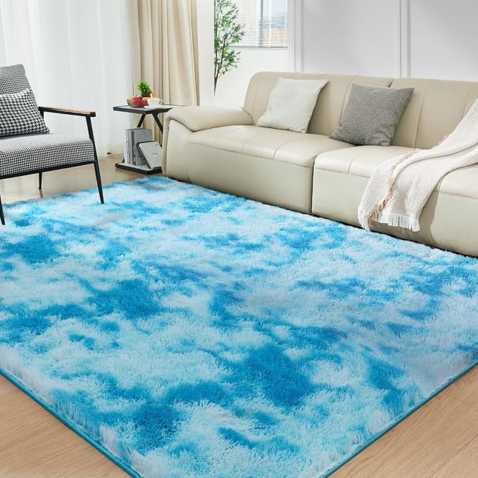 Ultra Soft Rug for Living Room, 5X8 Fluffy Shag Area Rug for Bedroom, Modern Shaggy Carpets Fuzzy Rug for Teens Dorm Nursery Home Decor Aesthetic, Upgrade Anti-Skid Durable, Tie-Dyed Blue