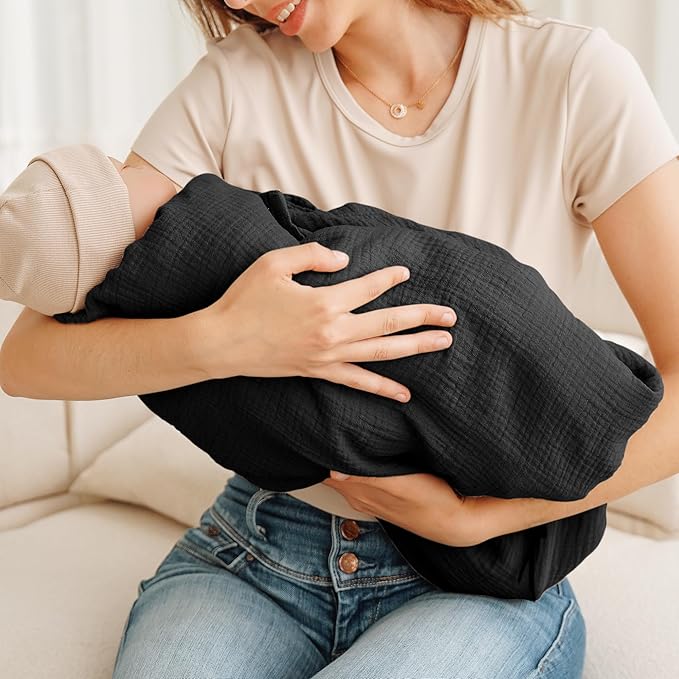 Konssy Muslin Nursing Cover for Breastfeeding, 360° Full Privacy Breathable 100% Cotton Breastfeeding Cover, Multi-use Carseat Canopy(Black)