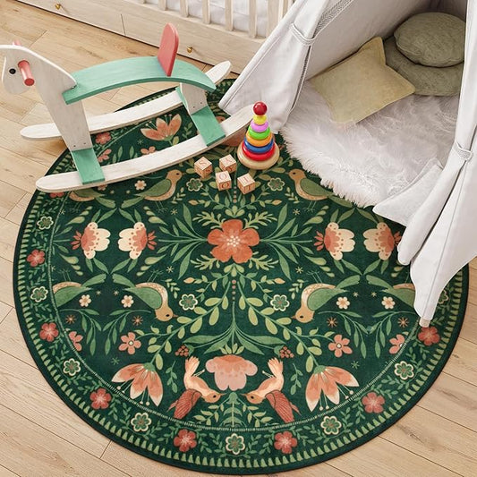 Moynesa Machine Washable Round Rug, 6ft Circle Area Rug for Living Room Non Slip, Ultra Thin, Soft, Indoor Boho Bird Dark Green 6'x6' Carpet for Bedroom Office Under Table Kid Playroom