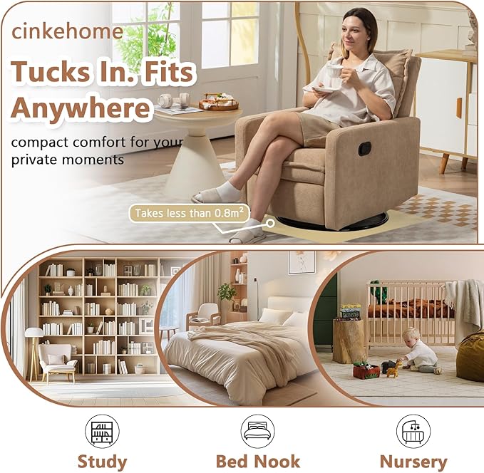 Swivel Rocking Recliner Chair for Nursery, Upholstered Glider Rocker Recliner, Swivel Reclining Chair for Nursery Living Room Bedroom, Camel Short Plush