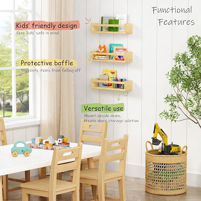 Floating Nursery Book Shelves for Wall, Natural Wood Wall Bookshelf for Kids Room Bedroom, Small Wooden Hanging Baby Book Shelf and Toy Organizer for Nursery Girl Boy Toddler Child - Set of 3