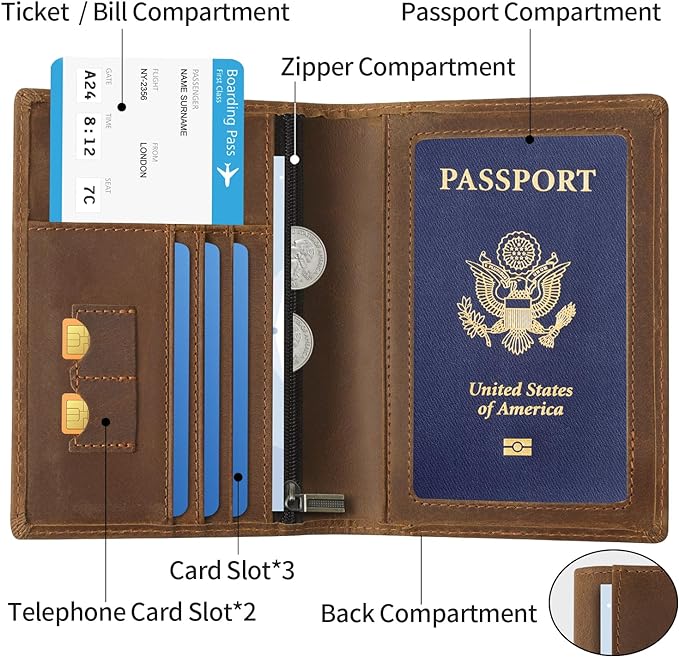 Ringsun Leather Passport Cover for Men Women, RFID Passport Wallet Case Travel Passport Holder for Family