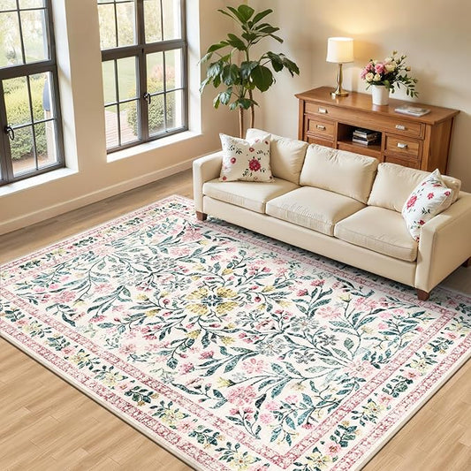 6x9 Area Rugs for Living Room: Floral Washable Rug Vintage Large Soft Boho Non-Slip Carpet Indoor Stain Resistant Thin Carpets for Bedroom Dining Room Farmhouse Nursery Hallway Home Office Pink Green