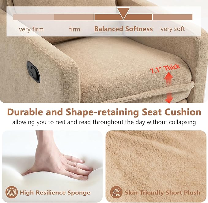 Swivel Rocking Recliner Chair for Nursery, Upholstered Glider Rocker Recliner, Swivel Reclining Chair for Nursery Living Room Bedroom, Camel Short Plush