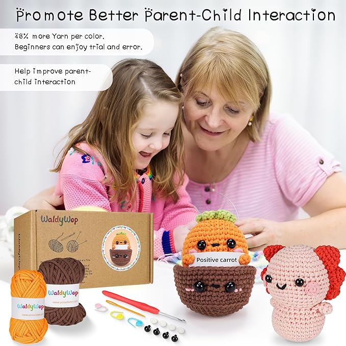WaldyWop Beginner Crochet Kit for Kids: Easy Crocheting Starter Kits for Girls - Learn to Crochet Set w/Step-by-Step Video - Complete Knitting Kit, Easy Crochet Yarn, Birthday Gifts for Women