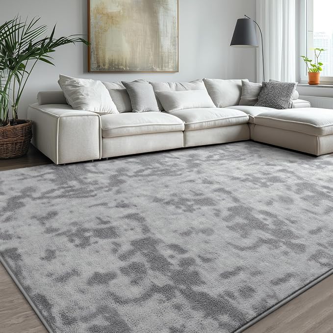 Kimicole 7x10 Washable Area Rugs for Living Room Bedroom, Large Low Pile Ulta-Thin Solid Color Rug, Non-Slip Soft Fluffy Carpet for Nursery Kids Room Dorm Room Home Decor (Light Grey)