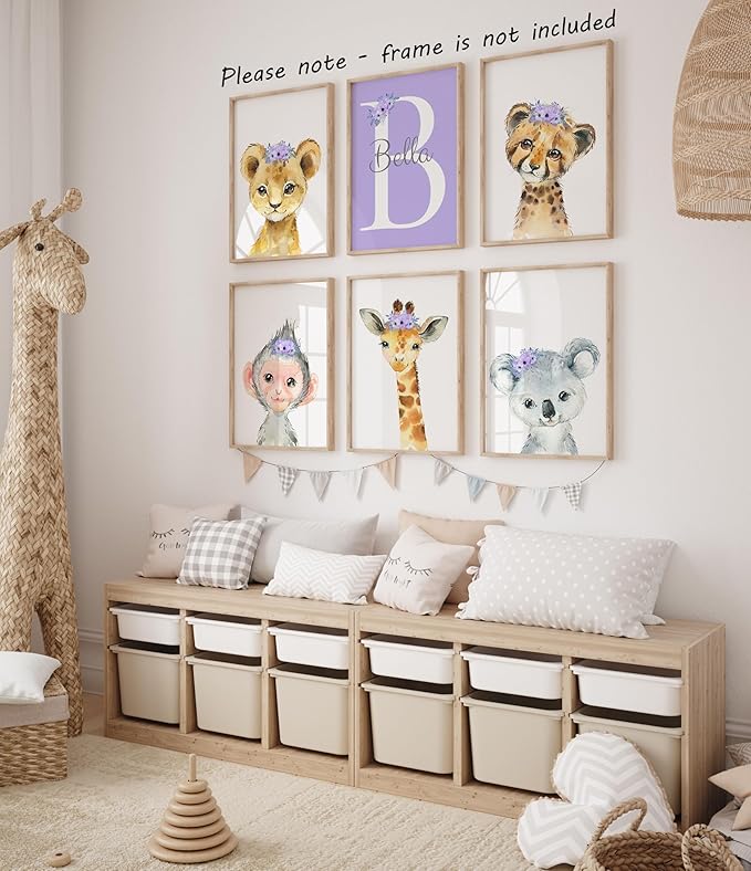 Personalized Safari Animals for Baby Girls Nursery, Set of 6 Unframed Poster Prints, Personalized Name Pink Lilac Floral, Girls Bedroom Decor, Elephant Giraffe (12x16)