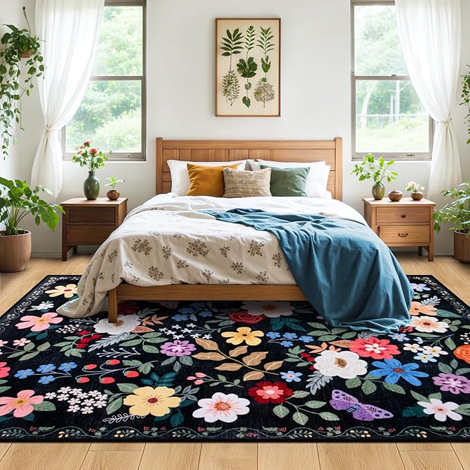 Area Rugs 9x12 Living Room: Floral Washable Rug Vintage Large Soft Boho Non-Slip Carpet Indoor Floor Stain Resistant Low Pile Carpets for Bedroom Dining Room Farmhouse Nursery Home Office Black