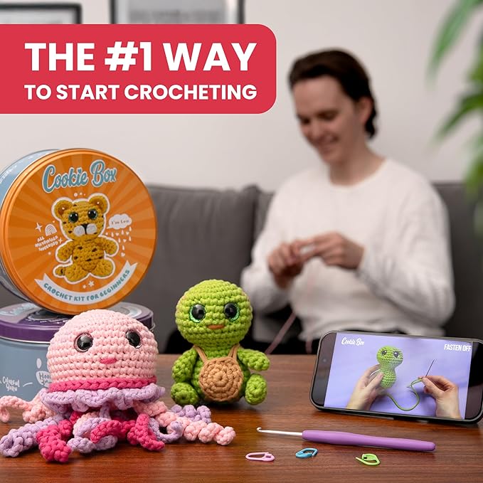 Cookie Box Crochet Kit for Beginners - Learn to Craft Amigurumi Stuffed Animals - Knitting Gift for Kids and Adults - Beginner-Friendly Yarn - Stitch-by-Stitch Video Tutorial - Bear Charlie