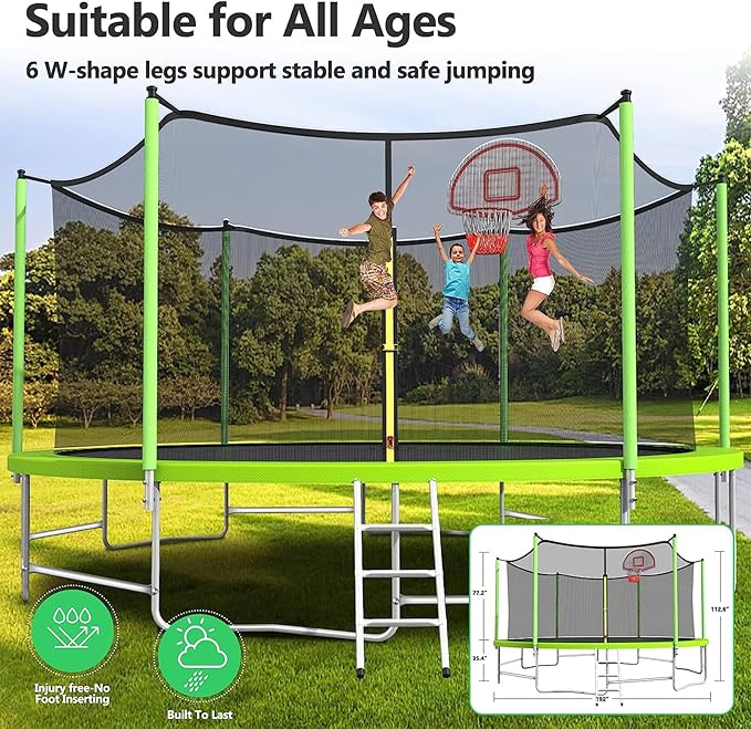 Upgraded 16FT 15FT 14FT 12FT 10FT 8FT Trampoline Outdoor with Basketball Hoop and Net, Capacity for 4-6 Kids and Adults