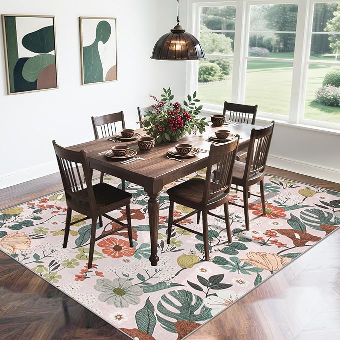 8x10 Area Rug for Living Room: Vintage Floral Washable Rug Soft Boho Non Slip Carpet Large Indoor Floor Non Shedding Low Pile Thin Carpets for Bedroom Dining Room Farmhouse Nursery Home Light Pink