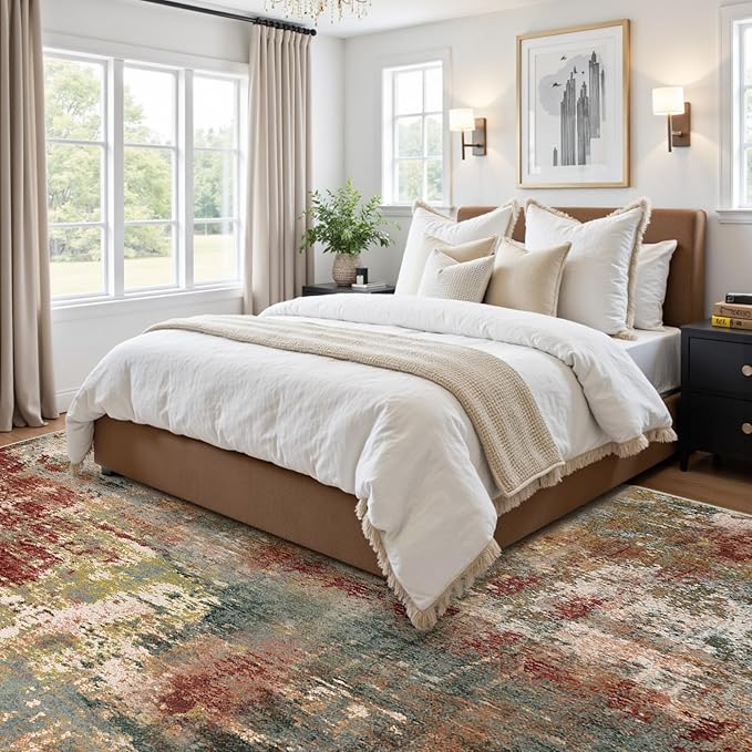 Washable Area Rugs 5'x7' Non-Slip Modern Abstract Soft for Living Room Entryway Bedroom Nursery, Print Pattern, Brown Rust Red Multi