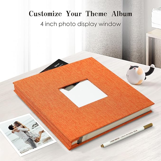 Spbapr Large Photo Album Self Adhesive 4x6 5x7 8x10 10x12 Pictures Magnetic Scrapbook 40 Blank Pages Linen Cover DIY Album with A Metal Pen Orange