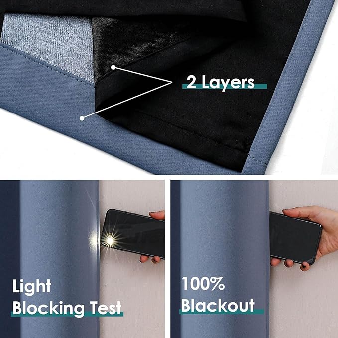 ChrisDowa 100% Blackout Curtains 84 inch Long for Bedroom with Black Liner, Extra Wide 2 Thick Layers Total Blackout Thermal Insulated Grommet Window Curtains 2 Panels Set (Stone Blue, 60 x 84 Inch)