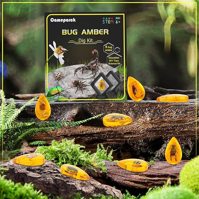Bigger Amber Dig Kit - 8 Different Artificial Insect Resin,Excavate Unique Insect Specimens,Bugs Toys Educational Science Kits Toys for Kids,STEM Projects Gift for Girls & Boys Age 6-8-12-14 Year Old