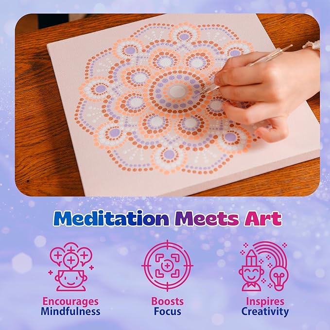 Pinwheel Crafts Painting Kit Mandala for Kids Ages 6-12 - Dot Painting Canvas Set with Mandala Dotting Tools, Paints, Brushes, Easy Instruction - Relaxing DIY Gift, Arts and Crafts Kit for Teens