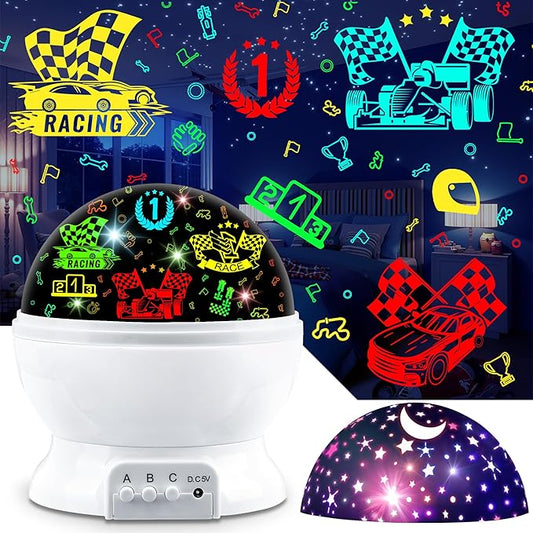 MOKOQI Race Car Night Light Projector Birthday Gifts Toys for Boys Age 3-5 Kids Car Nightlights 360 Degree Rotation with 17 Colors Changing Star Projector Ceiling Light Projector for Boys