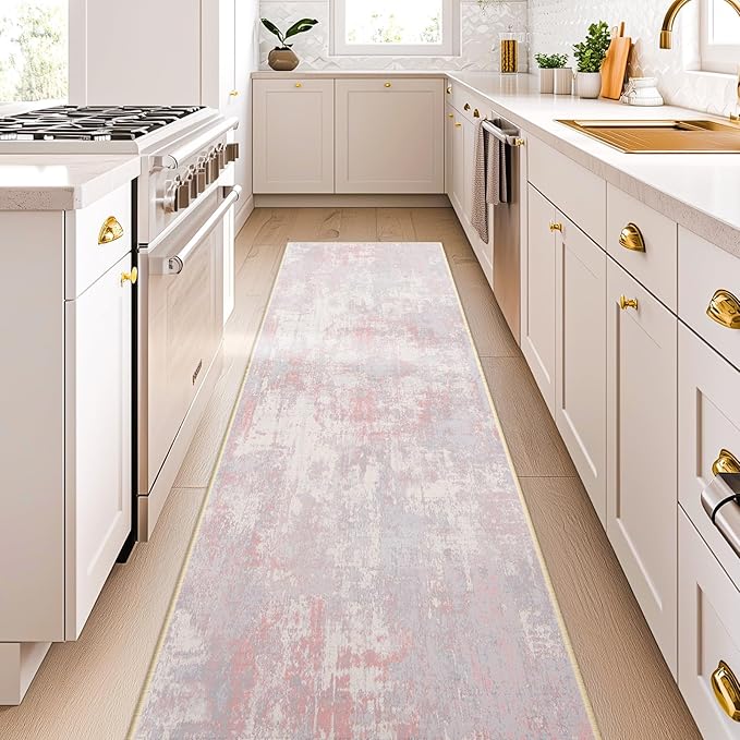 Washable Area Rugs 2'x10' Non-Slip Modern Abstract Soft for Living Room Entryway Bedroom Nursery, Print Pattern, Grey Pink