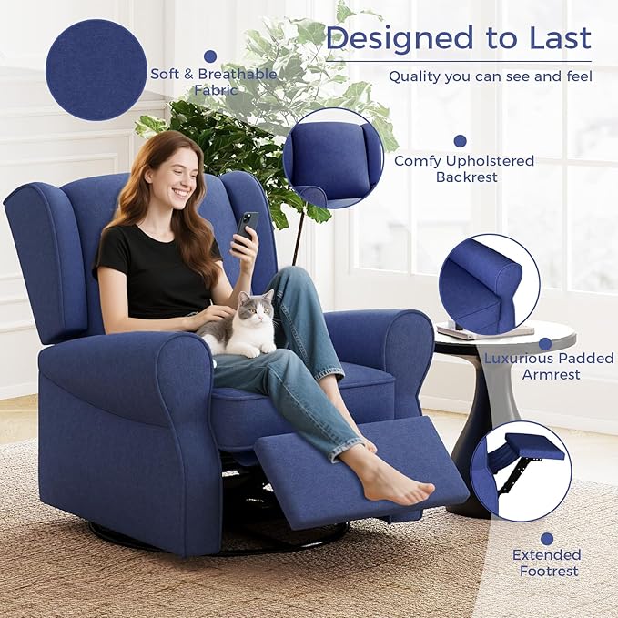 Swivel Rocker Recliner Chair, Nursery Glider Chair, Nursery Rocking Chairs, Manual Reclining Chair, Blue