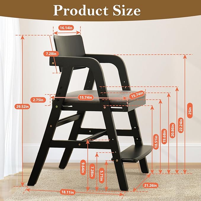 Solid Wood High Chair for Toddlers to Teens, Adjustable Height Toddler Dining Chair, Easy to Clean Toddler Highchair with Removable PU Cushion for Dining, Studying, Step Tool, Black