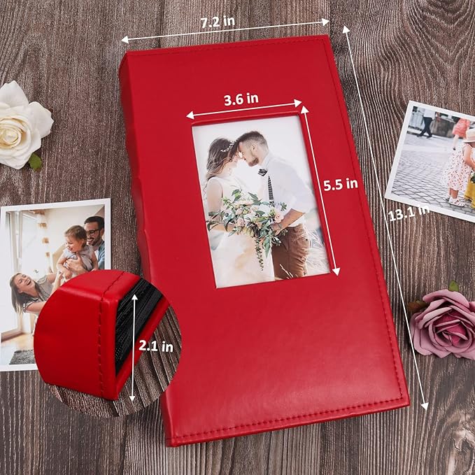 RECUTMS Photo Album 4x6 300 Photos Black Black Page PU Leather Pockets Pictures Albums Birthday Wedding (Red)