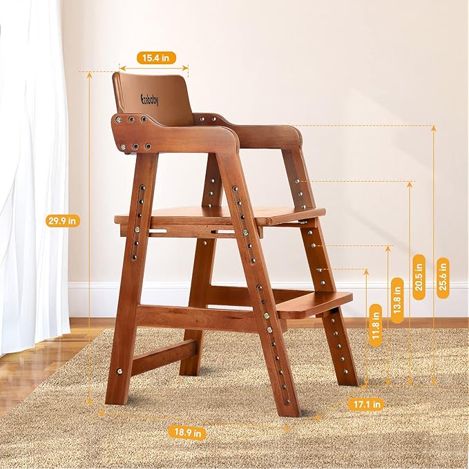 Ezebaby Wooden High Chair for Toddlers to Teens, Adjustable Kids Study & Dining Chair with Steps and Removable Cushion (Nut-Brown)