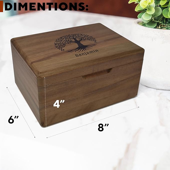 Life Tree Box Personalized - Wooden Keepsake Box for Men, 5 Year Wedding Gift for Anniversary, Acacia Wood Decorative Chest, Handmade Memory Boxes with Custom Hidden Message, 8x6x4 in