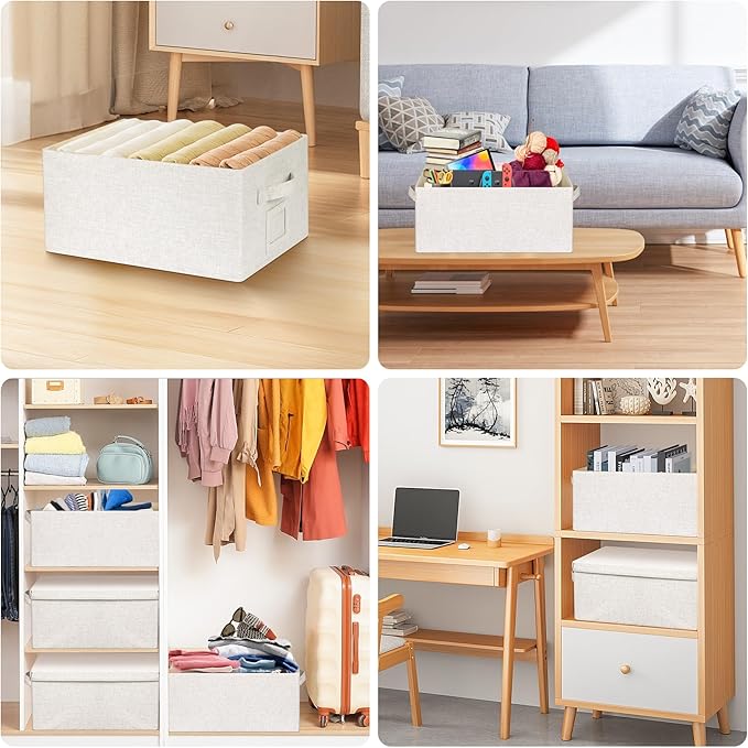 Large 17''x12'' Quart Collapsible Stackable Storage Bins with Lids, 2 Packs Off White Fabric Closet Boxes with Lids, Storage Cube Baskets Container Organizers for Bedroom Office(17''x12.2x''8'')
