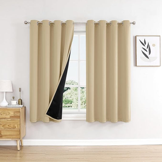 ChrisDowa 100% Blackout Curtains for Bedroom with Black Liner, 2 Thick Layers Total Blackout Thermal Insulated Grommet Window Curtains 2 Panels Set (Beige, 52 x 54 Inch)