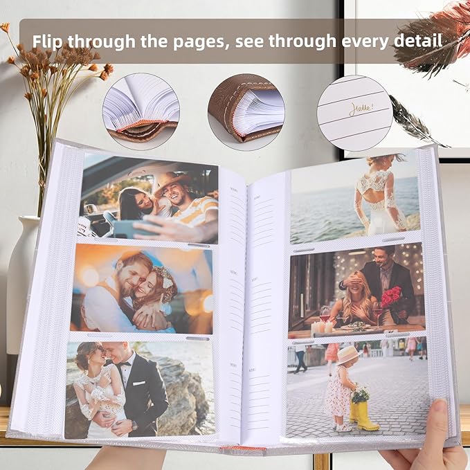 RECUTMS Photo Album with Writing Space 4x6 300 Pockets Photo Book,Leather Cover Picture Album with Memo Areas for Wedding Anniversary Family Baby Couple Valentines Graduation Travel (Grey)