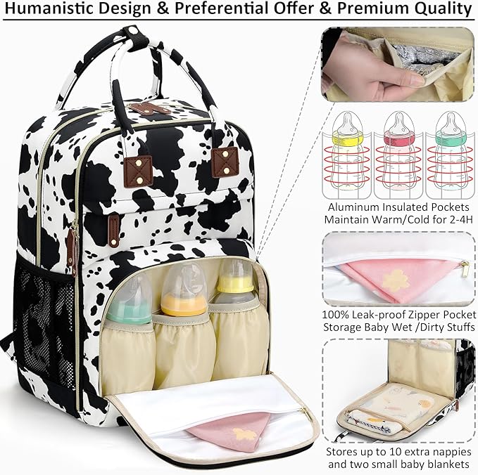 Diaper Bag Backpack for Women with Changing Pad, Baby Bag with Insulated Pockets Multifunctional Diaper Bags For Baby Girl Boy Waterproof Baby Bags For Boys Girls Maternity Bag Cow Print