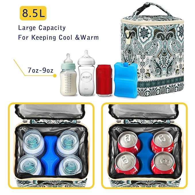 Breastmilk Cooler Bag with Ice Pack Fits 4 Baby Bottles Up to 9 Ounce Insulated Baby Bottle Bag Breast Milk Cooler on The Go with Strap Baby Bottle Cooler Bag for Nursing Mom Daycare or Travel