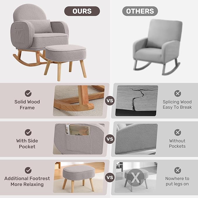 Nursery Rocking Chair with Ottoman, Upholstered Glider Rocker with High Backrest and Side Pocket, Rocking Accent Armchair with Solid Wood Legs for Nursery, Living Room, Bedroom Light Grey