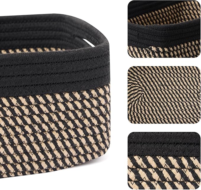Small Storage Baskets for Organizing | Closet Organizer Bins | Shelf Toy Basket | Woven Rope Baskets | Cube Decorative Box | Shallow Basket | 13x8.5x5.1” | 4 Packs Black Brown
