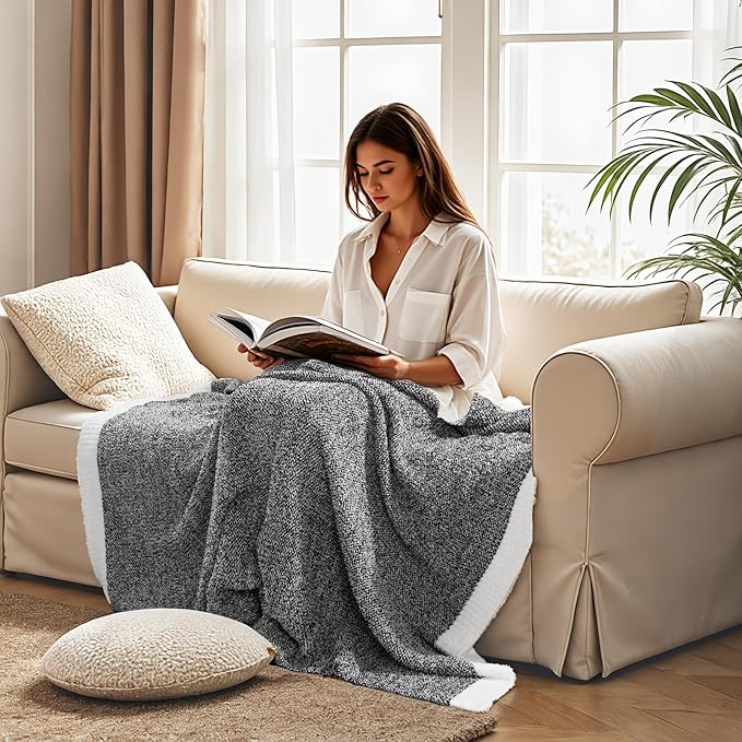 NEXHOME PRO Soft Throw Blankets for Couch, Reversible Warm Blankets Cozy Knit Blanket for Women, Fuzzy Plush Lightweight Throws for Sofa, Bed, Picnic, Black 50 x 60 inches