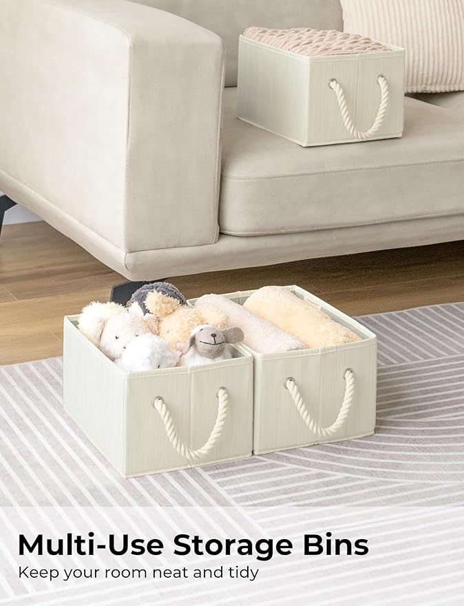 StorageWorks Storage Baskets for Shelves, Foldable Fabric Closet Storage Bins with Handles, Fabric Storage Bins Clothes Organizer, Beige, White & Ivory, 3-Pack, Small