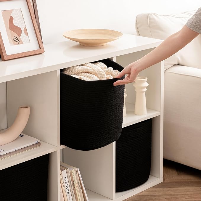 joybest Cube Storage Bins Set of 4, 13inch Cube Baskets Organizer for Nursery, Square Cotton Rope Baskets for Shelves Organizing, Kids Toy, Closet Storage, Black