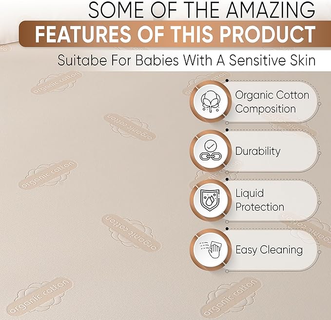 Crib Organic Mattress Protector Pad - Certified Organic Cotton Waterproof Breathable Mattress Pad Cover - 250 GSM Comfort - Deep Pocket - Fitted Comfort