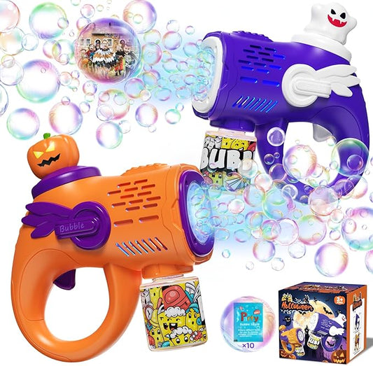 Halloween Bubble Machine Gun for Kids: 2 Pack Automatic Bubble Maker Blaster Toys with LED Lights, 10 Refill Solutions, Pumpkin & Ghost Bubble Blower for Halloween, Party Favor, Toddlers 3-8 Gifts