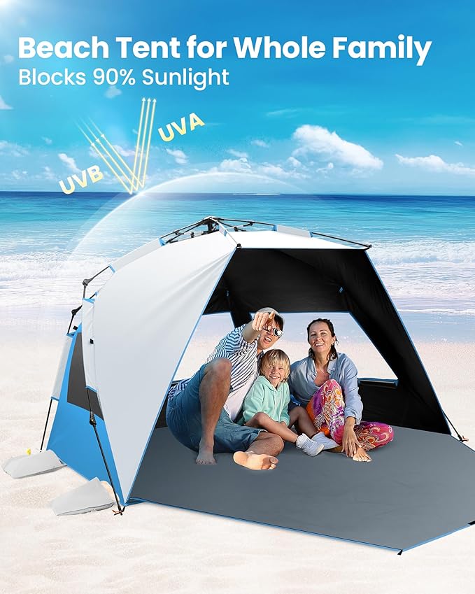 OutdoorMaster Beach Tent with Blackout Shelter Technology, Portable Beach Shade Sun Shelter Canopy for 4-6 Person with UPF 50+ UV Protection, Easy Setup Pop Up Tent Family Size