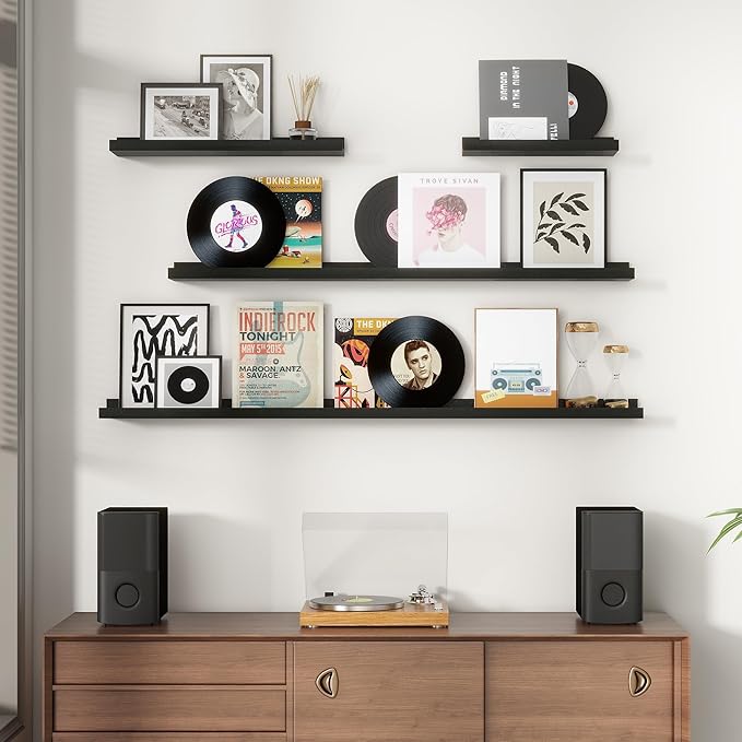 Picture Ledge Wall Shelves 24 inches Width Set of 3, Solid Pine Wood Rustic Floating Ledge Shelves for Kids' Room Bedroom Kitchen Bathroom Living Room Nursery Display Wall Decor, Black