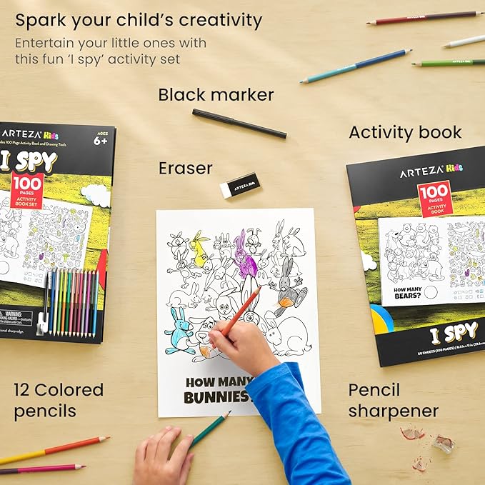 Arteza Kids Activity Book, I Spy Coloring Book, 8.5 x 11 Inches, School Supplies for Ages 6 and Up, 50 Sheets, 12 Double-Ended Colored Pencils, Black Marker, Eraser, Pencil Sharpener